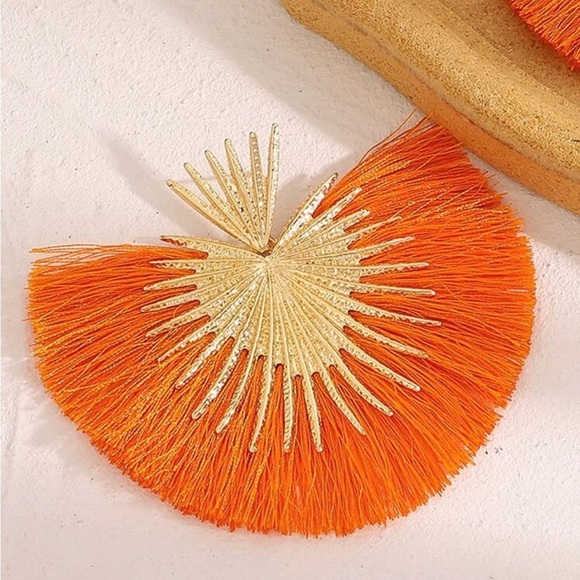 Orange and Gold Statement Earrings - Picture 2 of 4